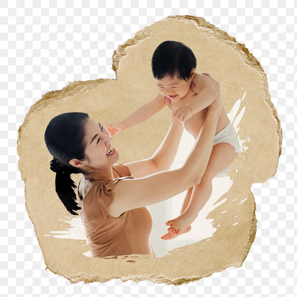 Mother holding toddler png sticker, ripped paper, transparent background