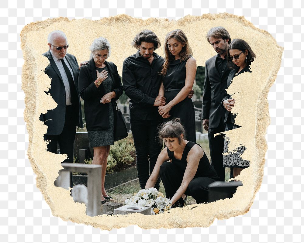 PNG Family laying flowers on the grave, collage element, transparent background