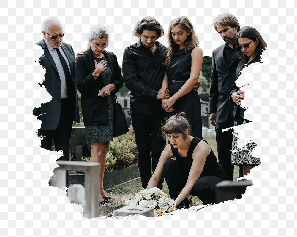 PNG Family laying flowers on the grave, collage element, transparent background