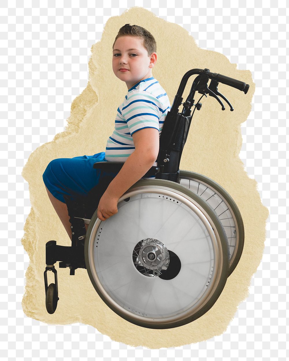 Boy in wheelchair png sticker, ripped paper, transparent background