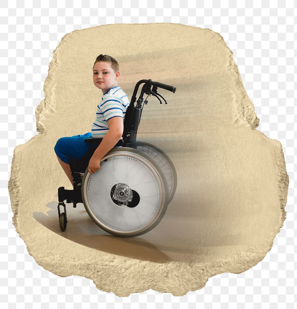 Boy in wheelchair png sticker, ripped paper, transparent background