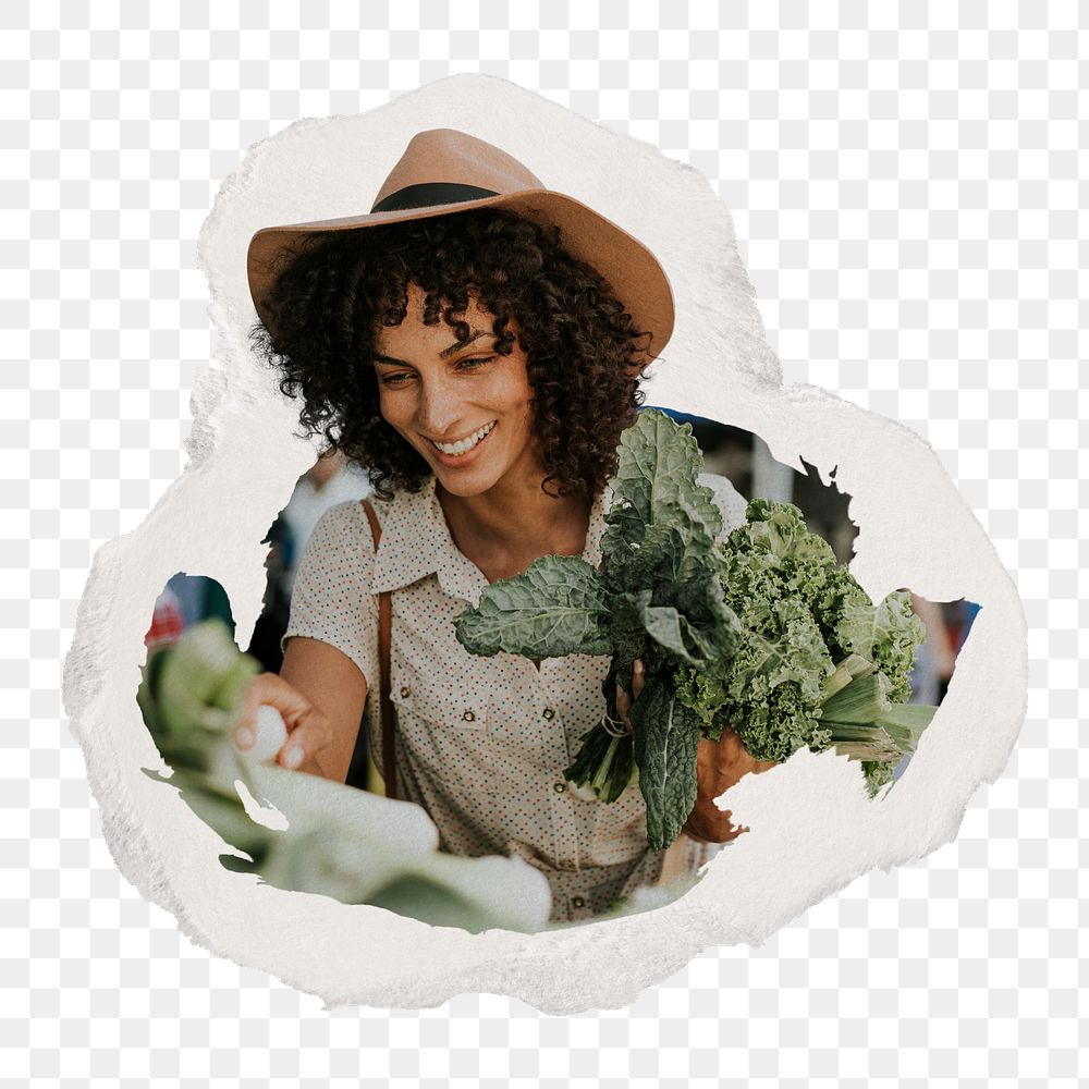 PNG Beautiful woman buying kale at a farmers market, collage element, transparent background