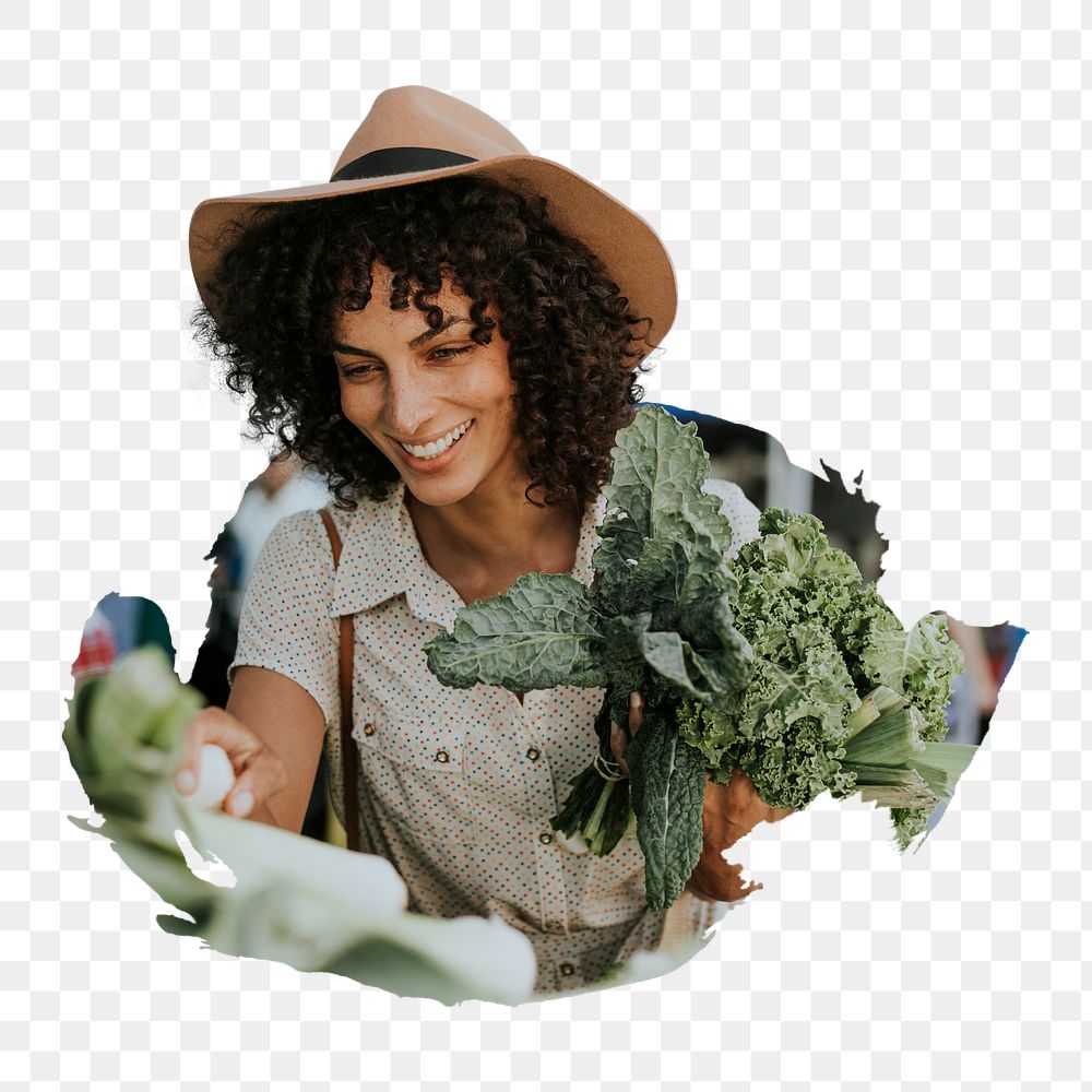 PNG Beautiful woman buying kale at a farmers market, collage element, transparent background