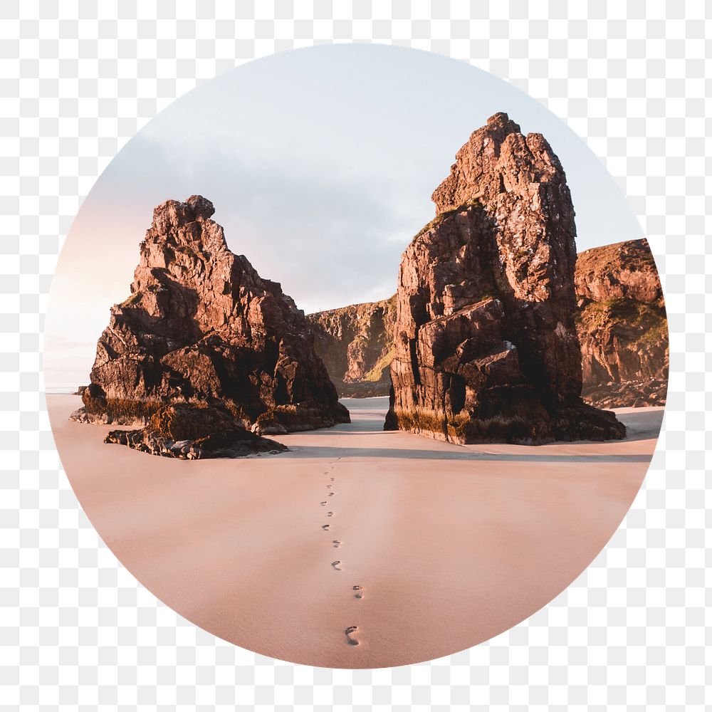 Beautiful beach png footprints badge sticker, travel photo, transparent background
