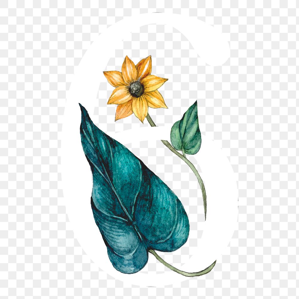 Png number 6 flower sticker, botanical design, transparent background