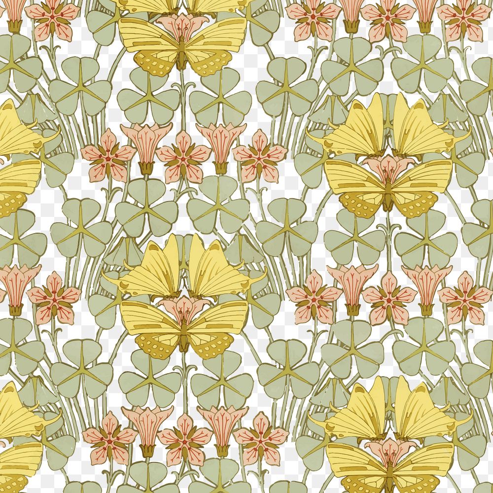 Green butterfly png seamless pattern, transparent background, Maurice Pillard Verneuil artwork remixed by rawpixel