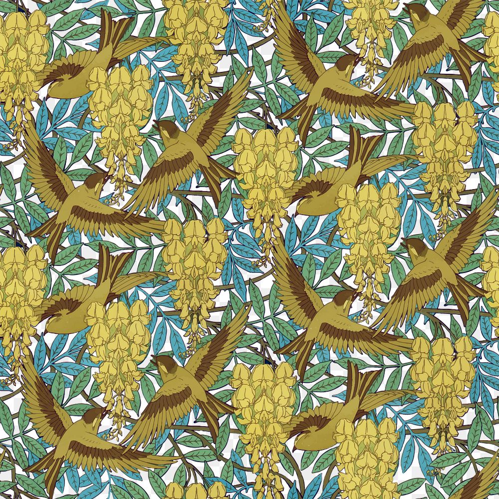 Vintage mockingbird png seamless pattern, transparent background, Maurice Pillard Verneuil artwork remixed by rawpixel