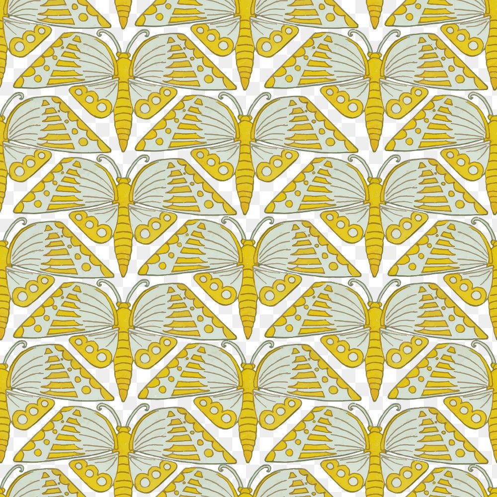 Yellow Butterfly png seamless pattern, transparent background, Maurice Pillard Verneuil artwork remixed by rawpixel