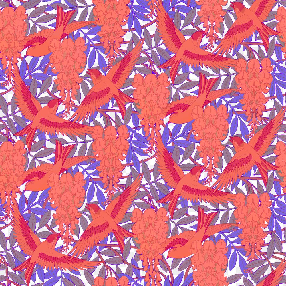 Vintage mockingbird png seamless pattern, transparent background, Maurice Pillard Verneuil artwork remixed by rawpixel