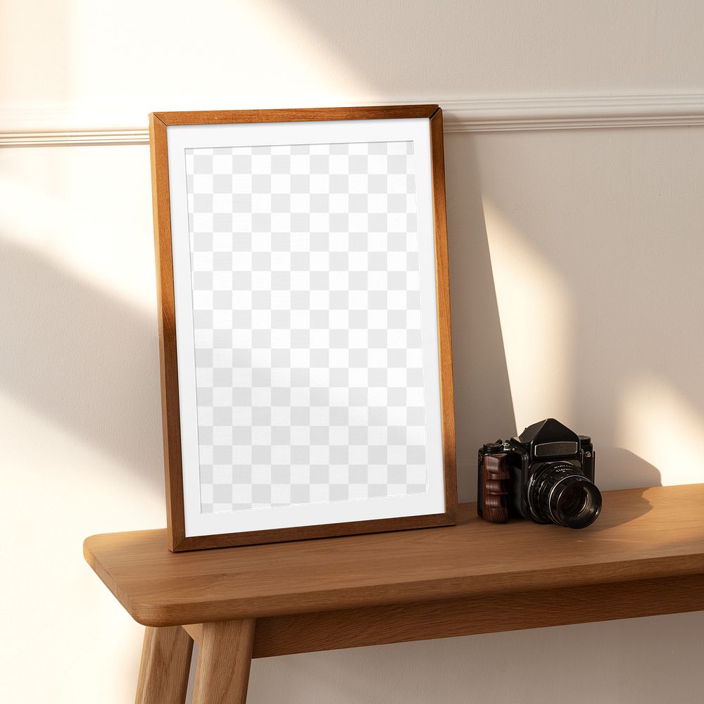 Picture frame png mockup, wooden table, transparent design