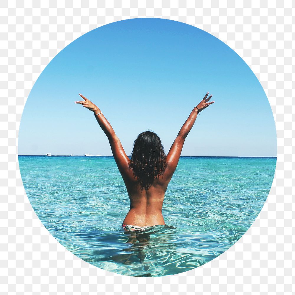 Png carefree woman at the beach badge sticker, Summer photo, transparent background