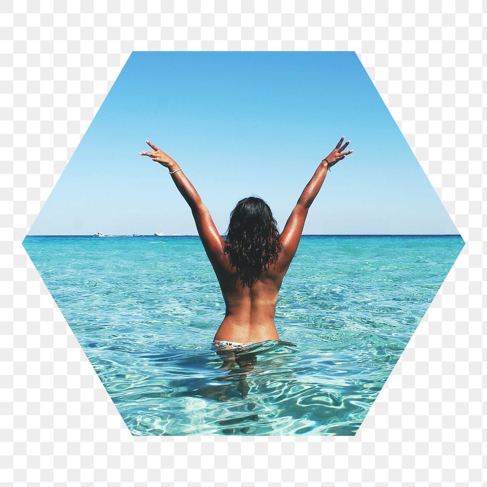 Png carefree woman at the beach badge sticker, Summer photo in hexagon shape, transparent background