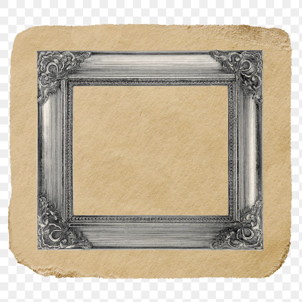 Silver picture png frame sticker, ripped paper on transparent background