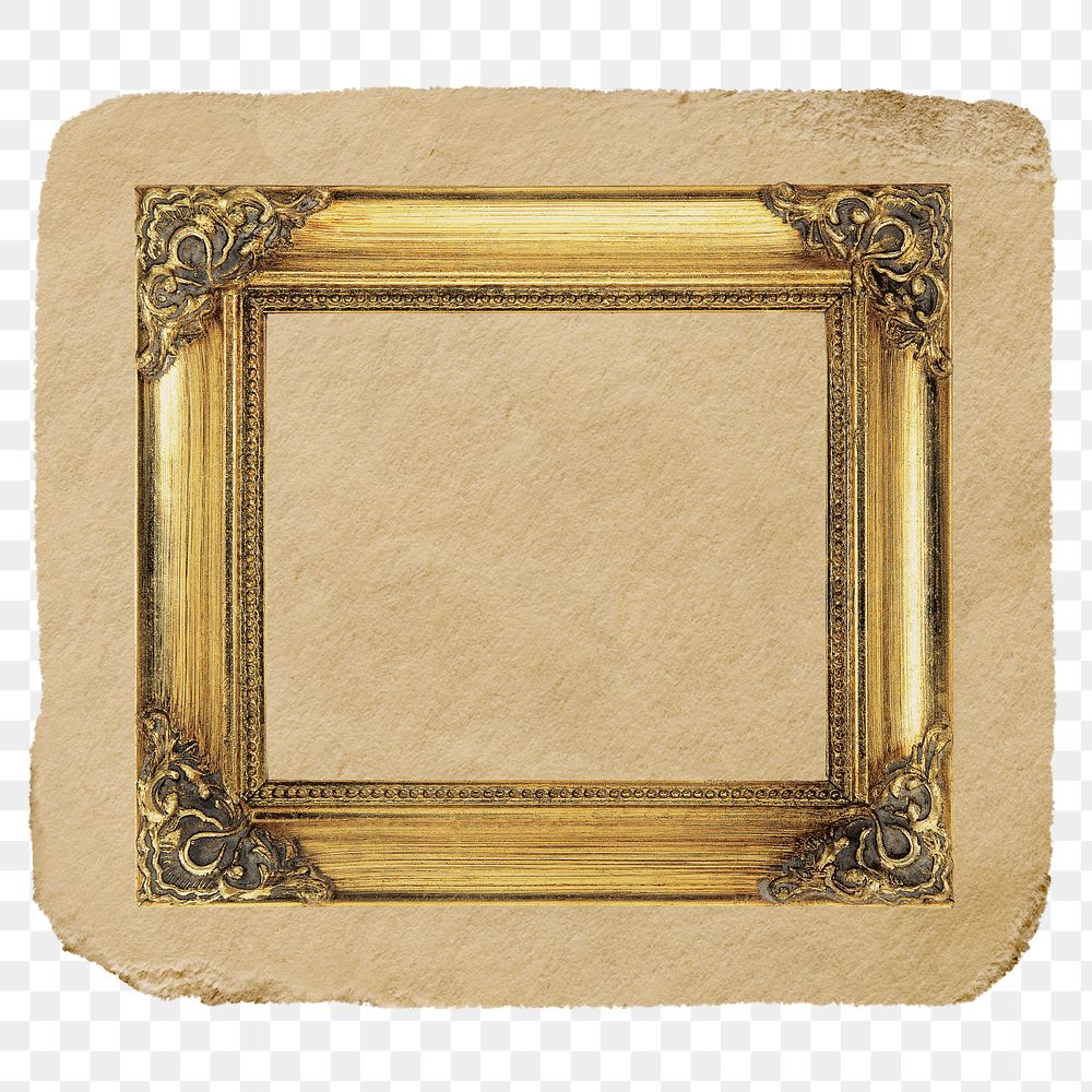 Gold picture png frame  sticker, ripped paper on transparent background