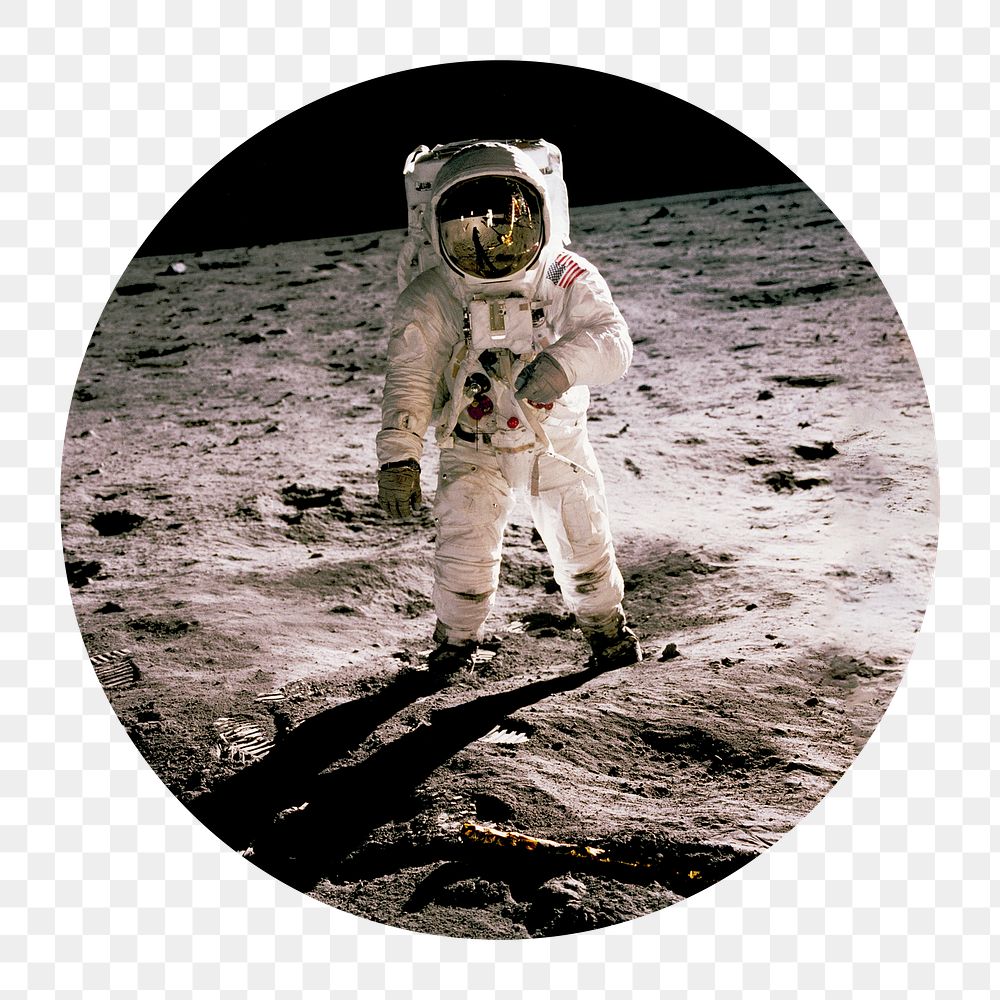 Astronaut png on the moon badge sticker, galaxy photo, transparent background
