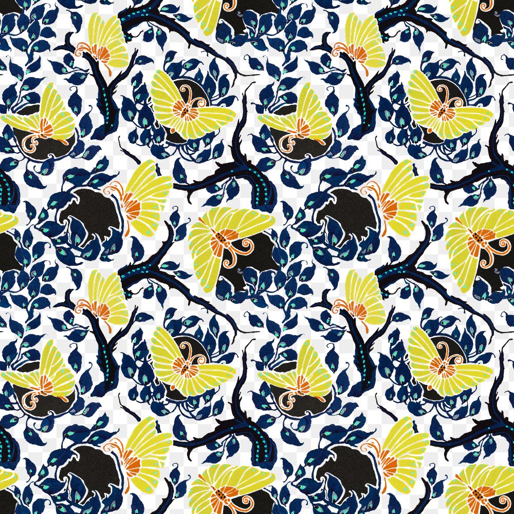 Butterfly png pattern, E. A. Séguy vintage artwork transparent background, remixed by rawpixel
