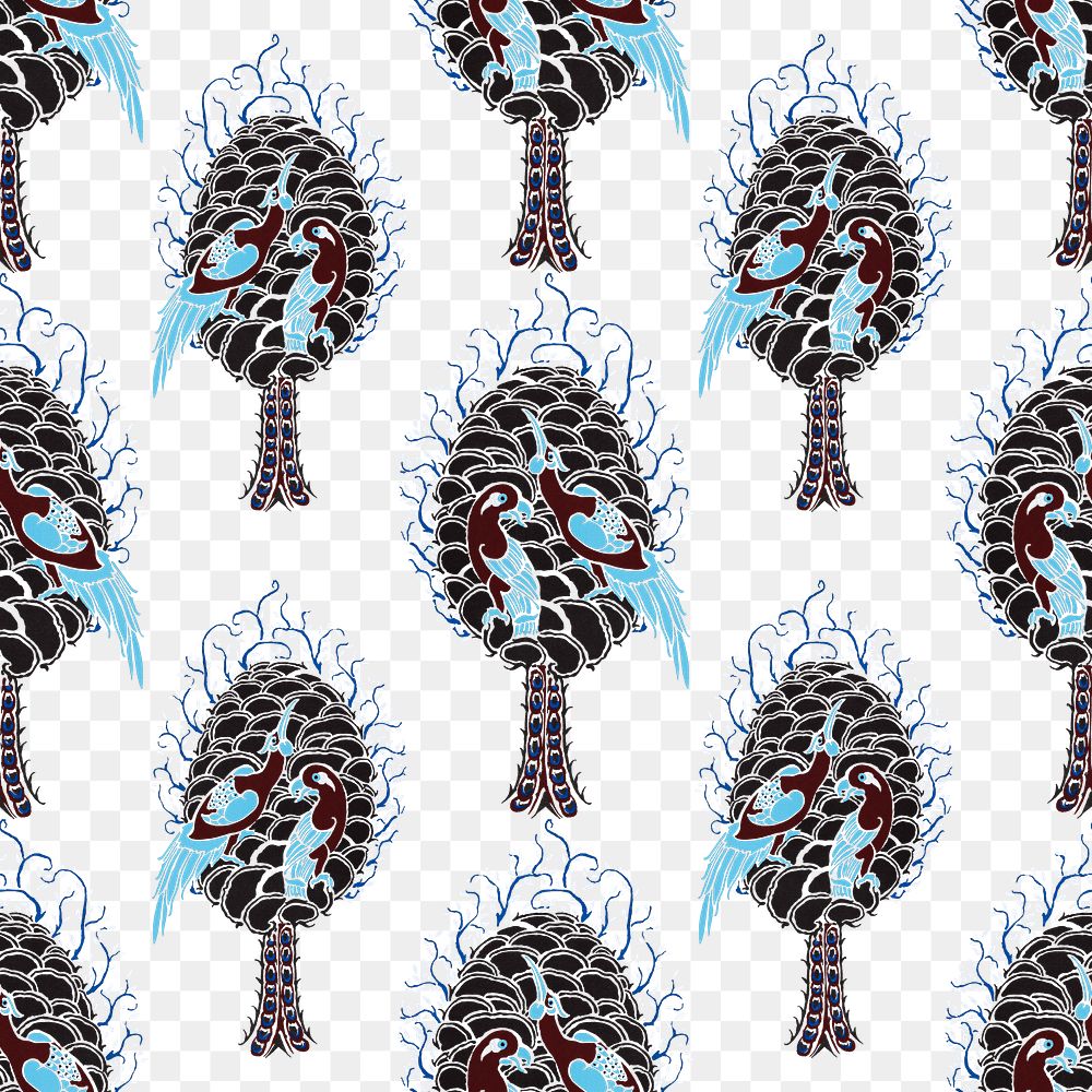 Vintage peacock png pattern, E. A. Séguy Art Nouveau transparent background, remixed by rawpixel