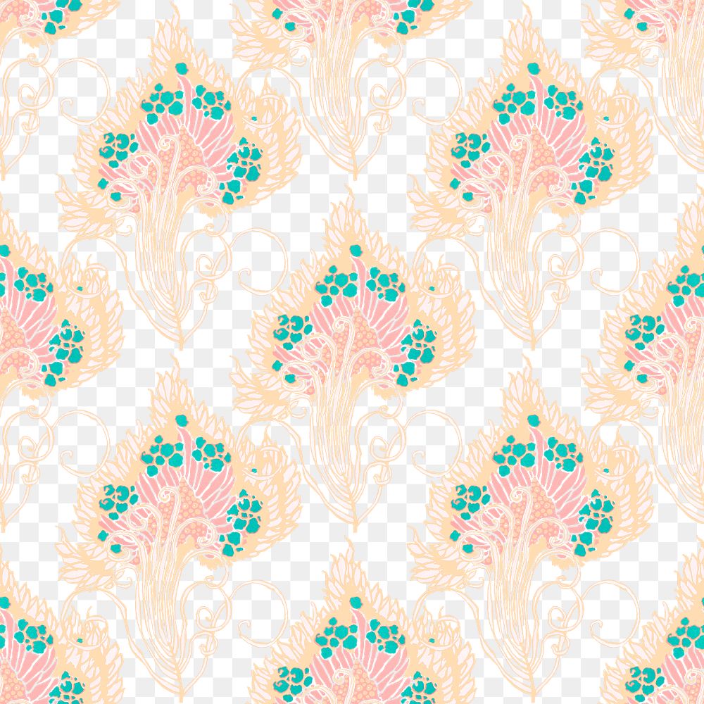 Seamless flower png pattern, vintage E. A. Séguy artwork transparent background, remixed by rawpixel