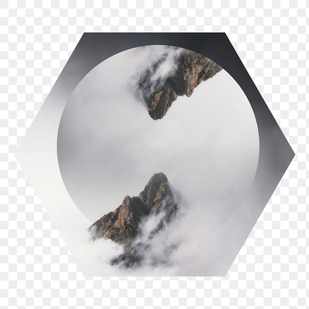 Png foggy mountain peaks badge sticker, nature photo in hexagon shape, transparent background