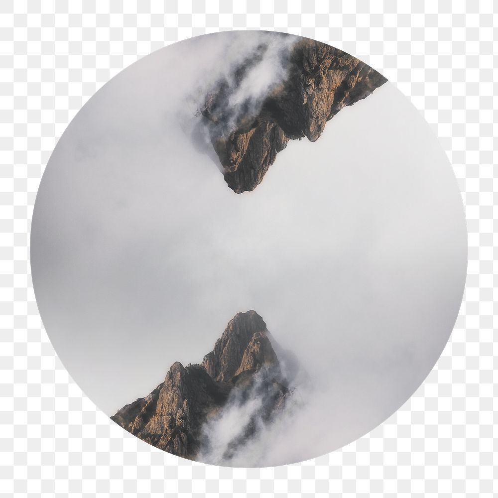 Png foggy mountain peaks badge sticker, nature photo, transparent background