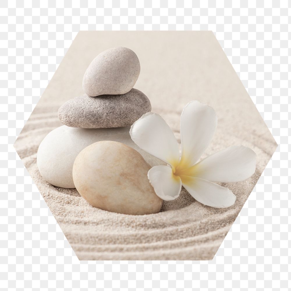 Zen stones png badge sticker, wellness photo in hexagon shape, transparent background