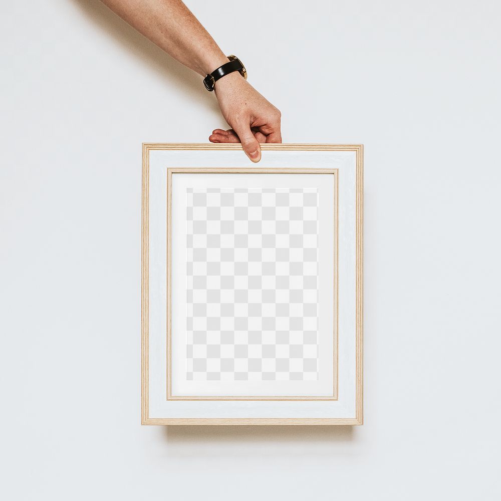 Png hand holding picture frame mockup, editable transparent design