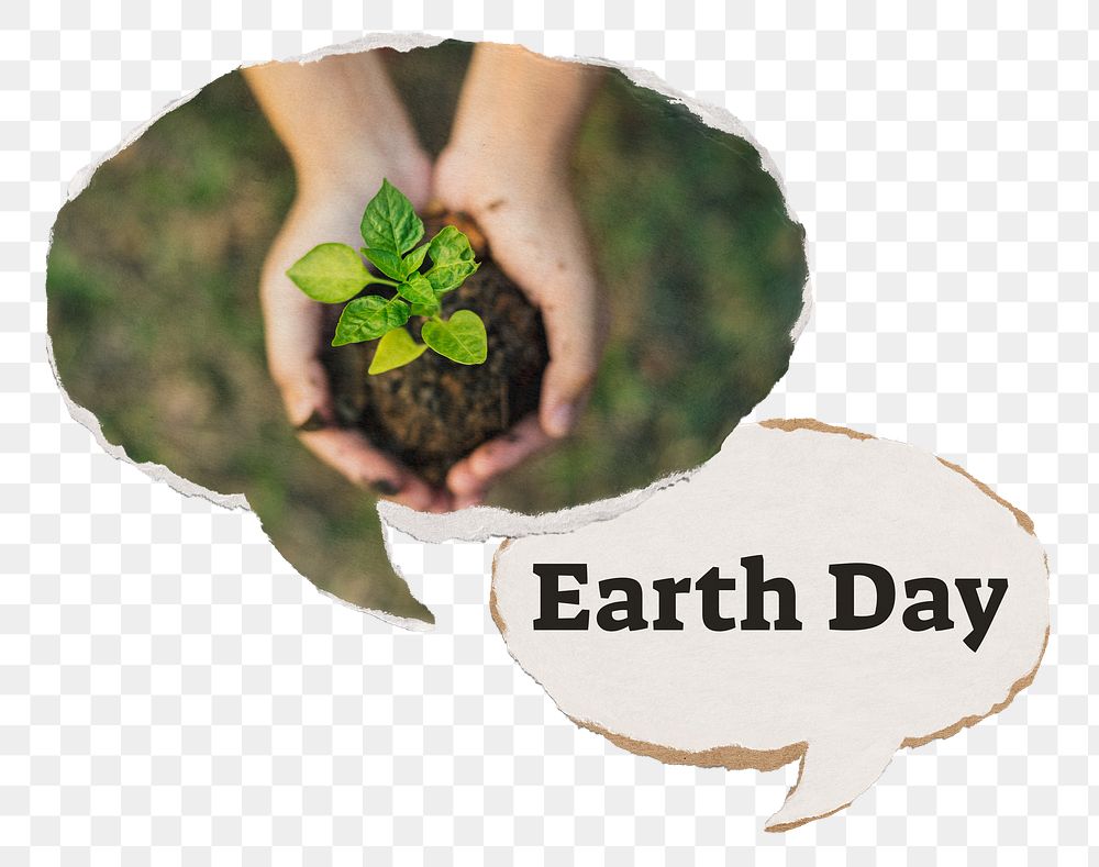 Earth day png paper speech bubble sticker, hand cupping plant on transparent background