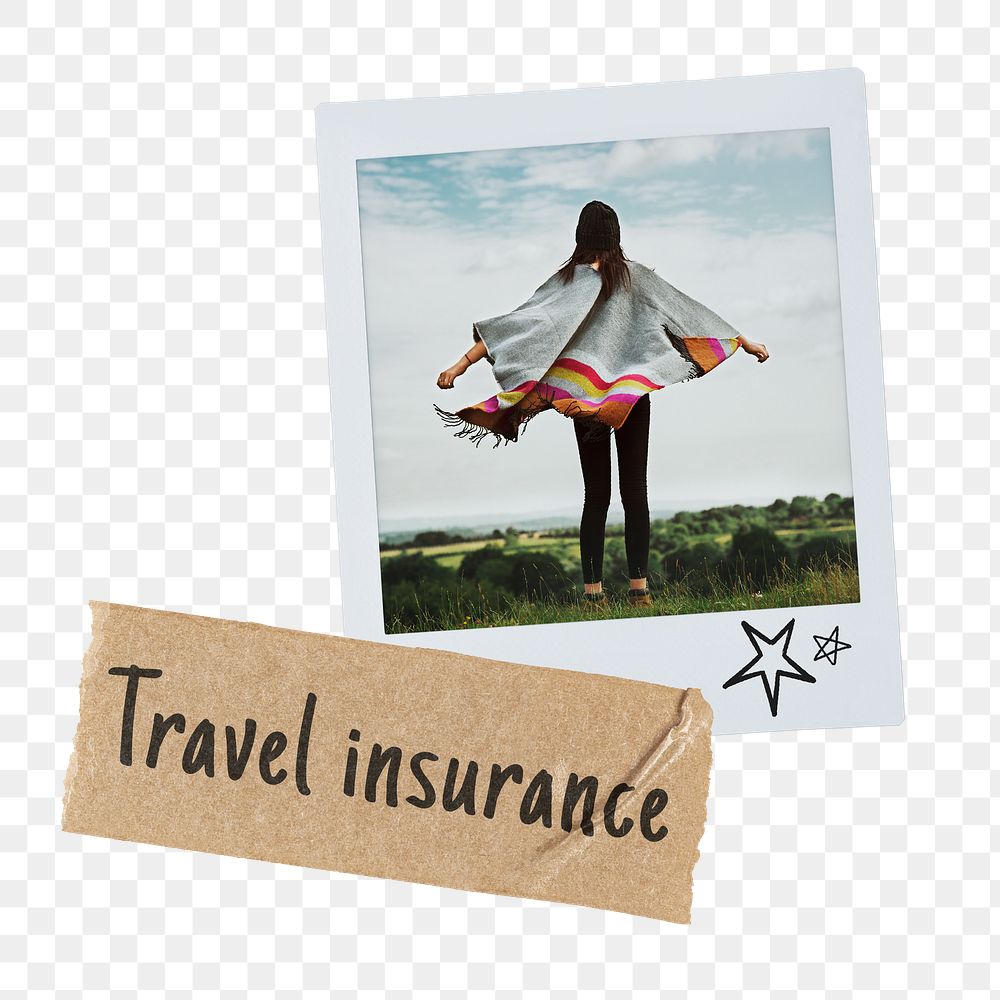 Travel insurance png instant film sticker, carefree woman rear view image on transparent background