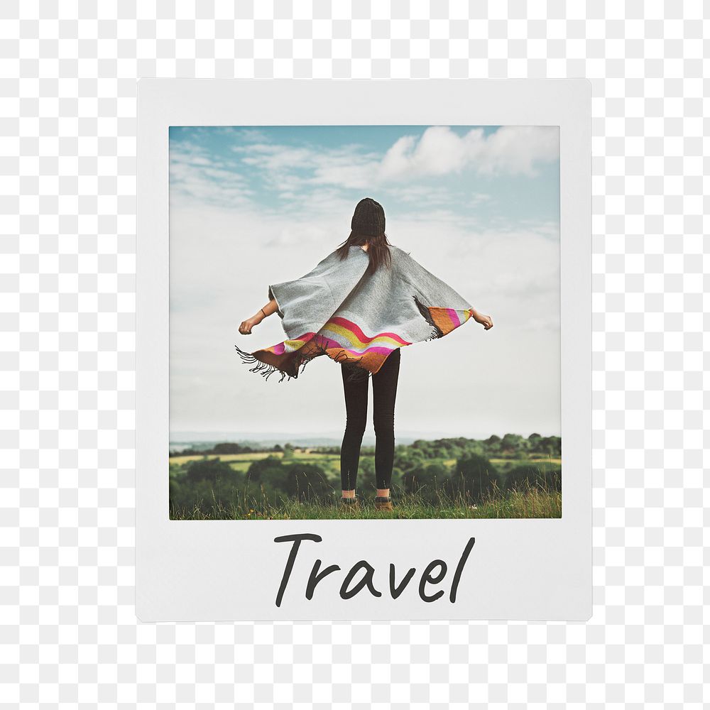 Aesthetic travel png instant film sticker, carefree woman rear view image on transparent background