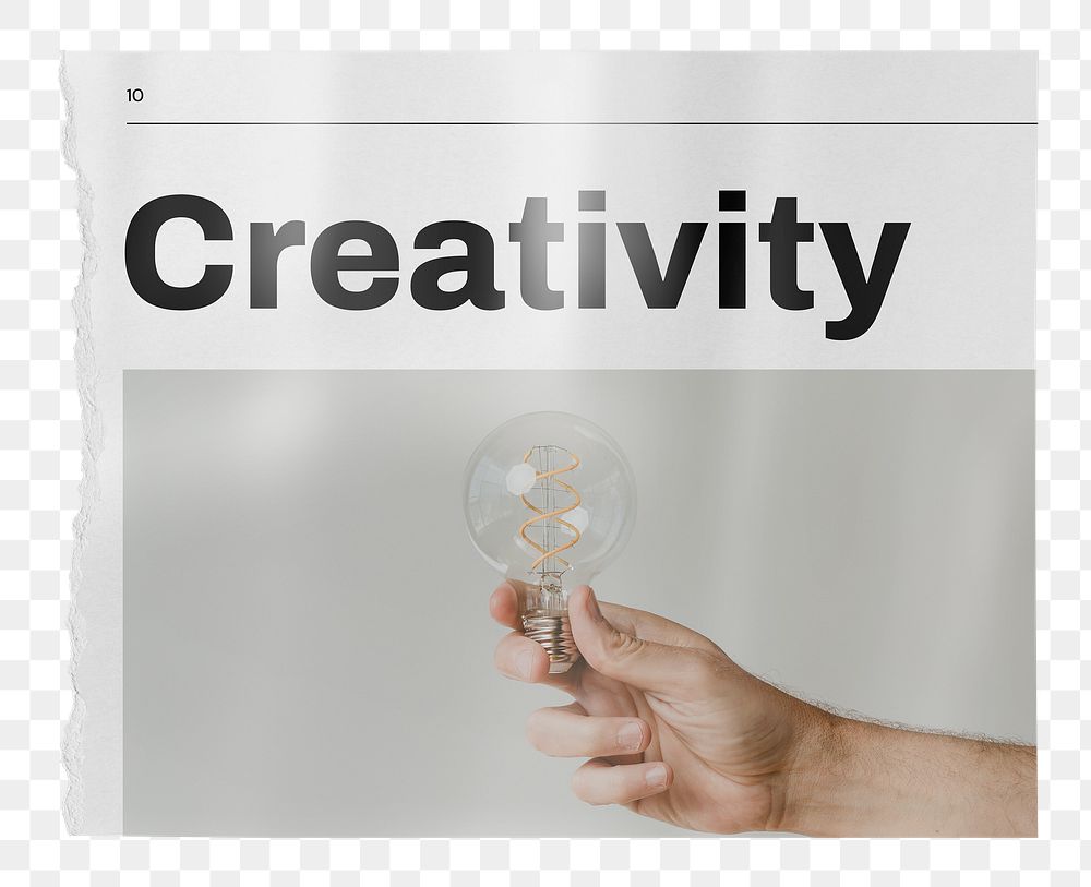 Creativity newspaper png sticker, hand holding light bulb, transparent background