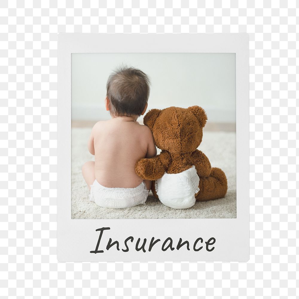 Insurance png instant photo, baby sitting with teddy bear on transparent background