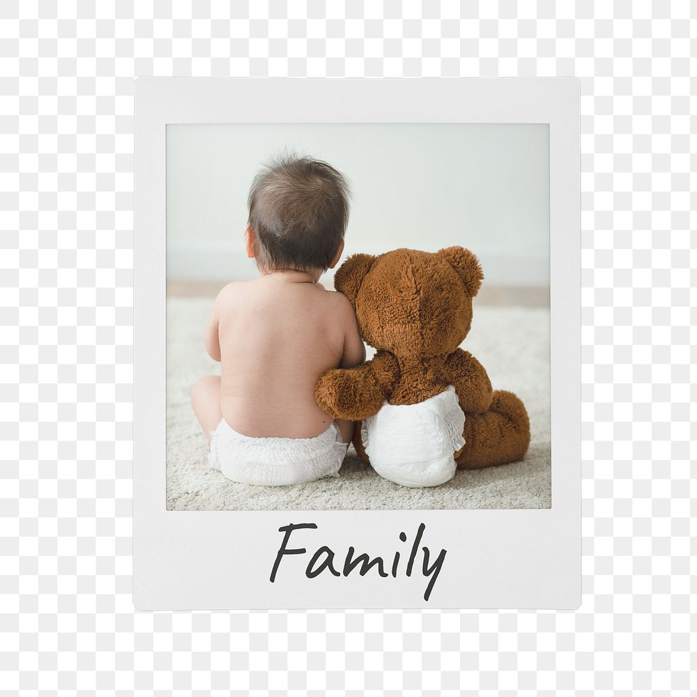 Family png instant photo, baby sitting with teddy bear on transparent background