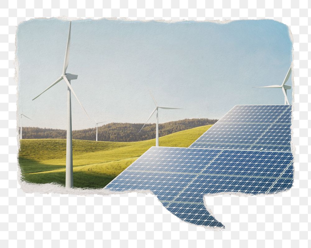 Renewable energy png paper speech bubble sticker, sustainable environment, wind turbine farm on transparent background