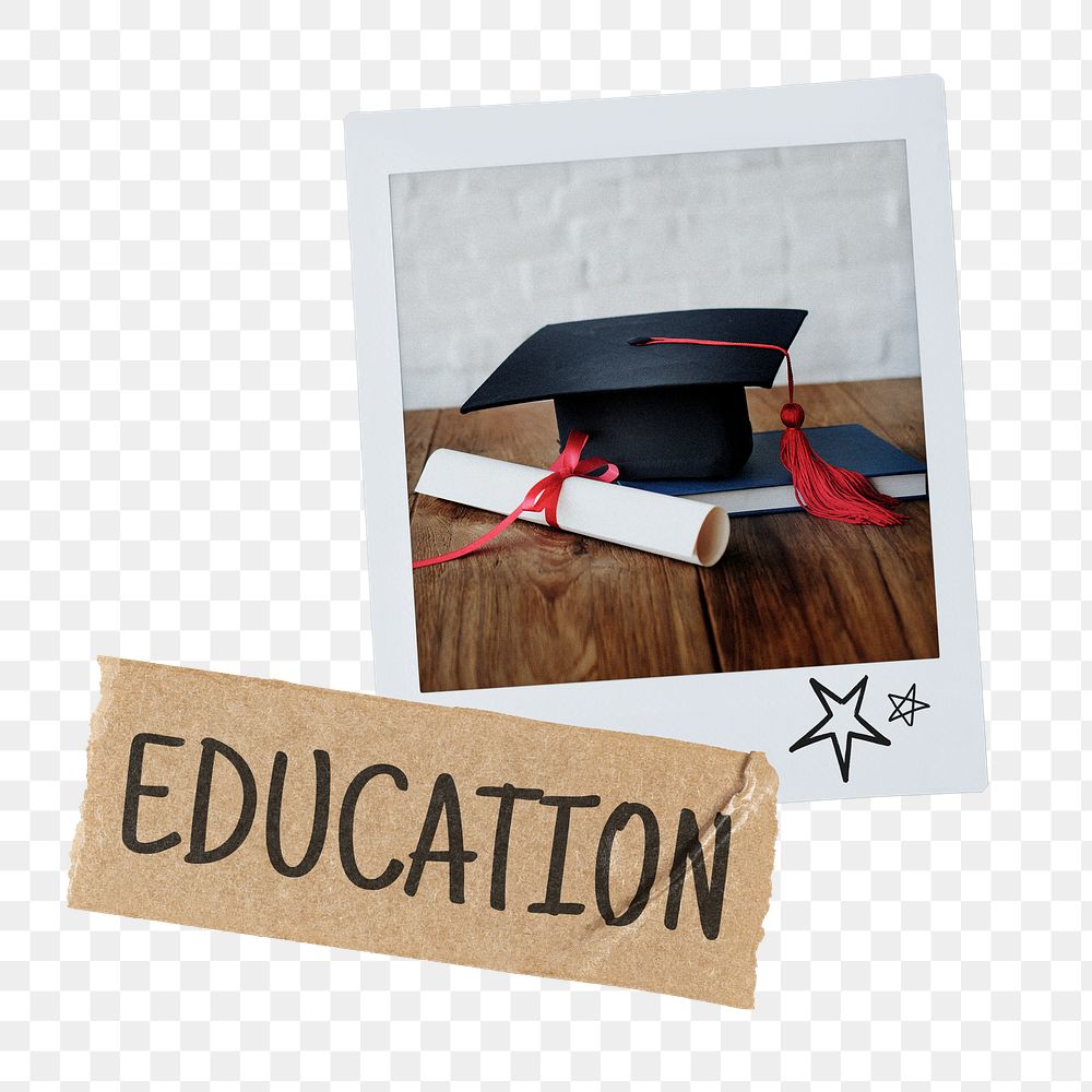 Education png instant photo, graduation cap, scroll image, transparent background