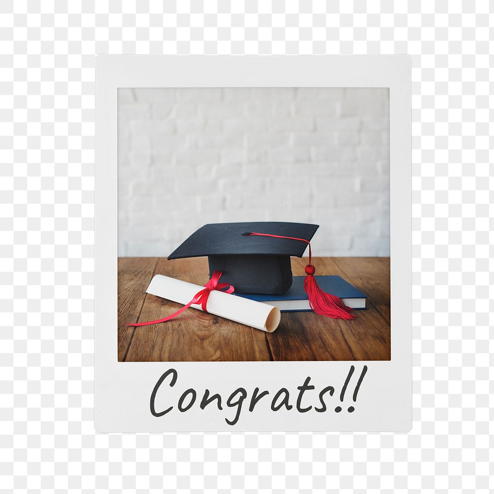 Education congrats! png instant photo, graduation cap, scroll image, transparent background