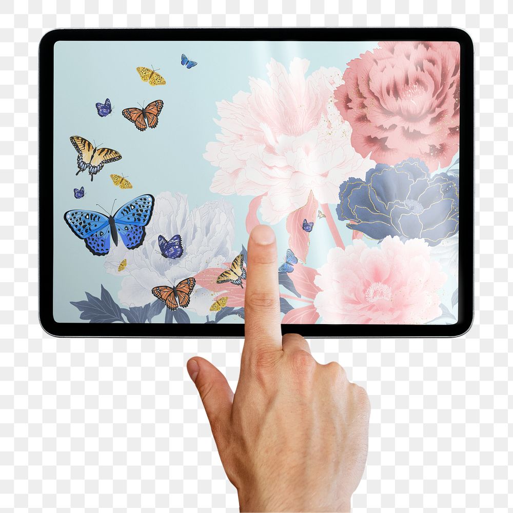 Hand touching tablet png sticker, flower & butterfly design, transparent background