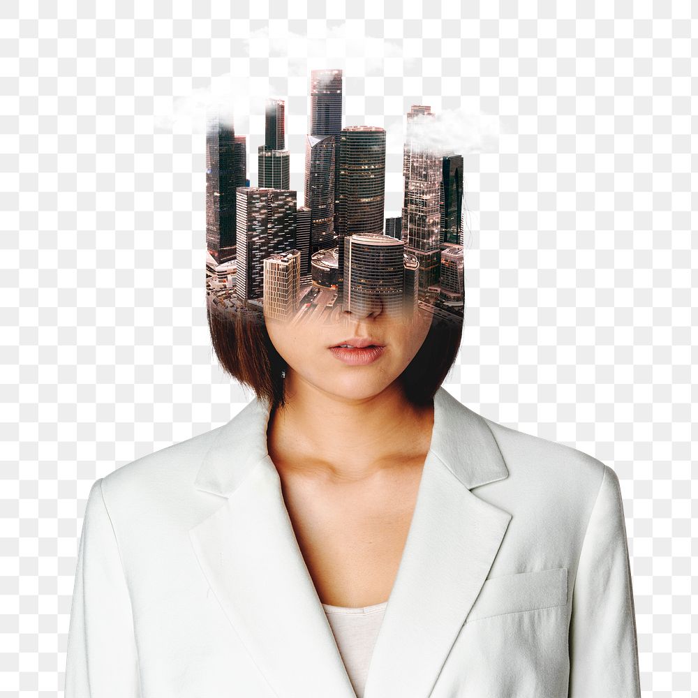 Surreal businesswoman png sticker, business strategy, transparent background