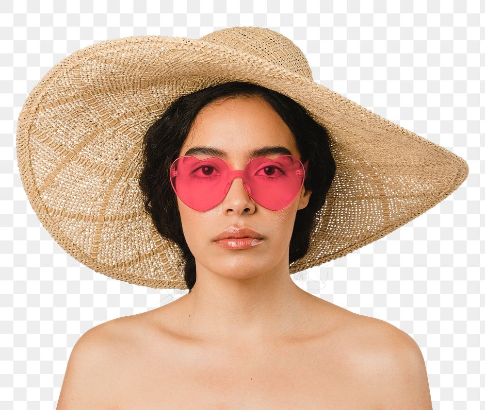 Bare chested woman wearing a big round hat and red vintage heart-shaped sunglasses mockup 