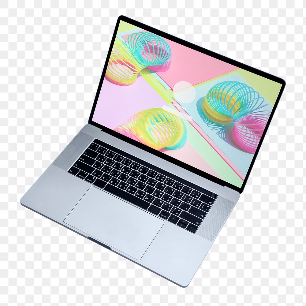 Png laptop with colorful screen sticker, transparent background
