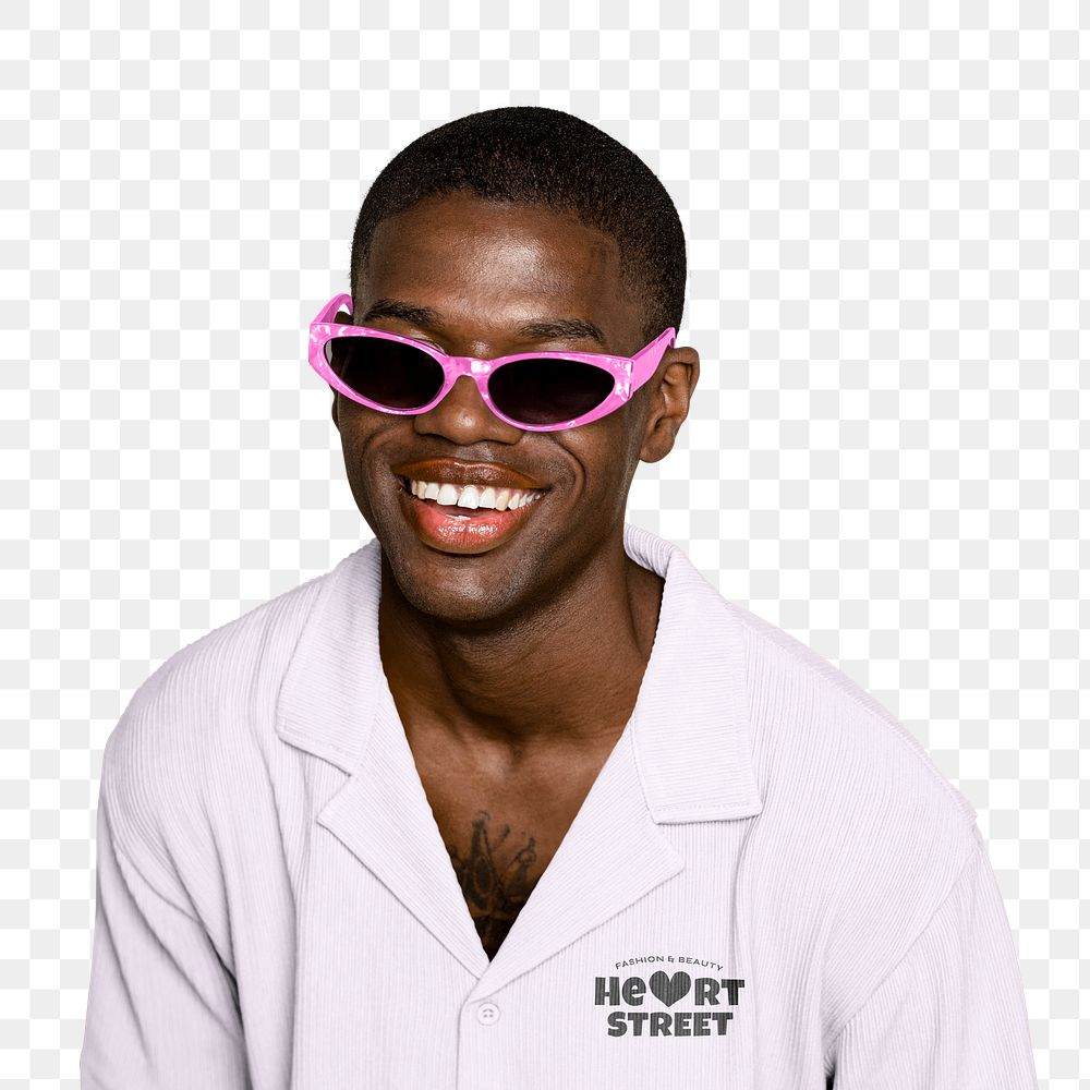 Png African man wearing pink sunglasses sticker, transparent background