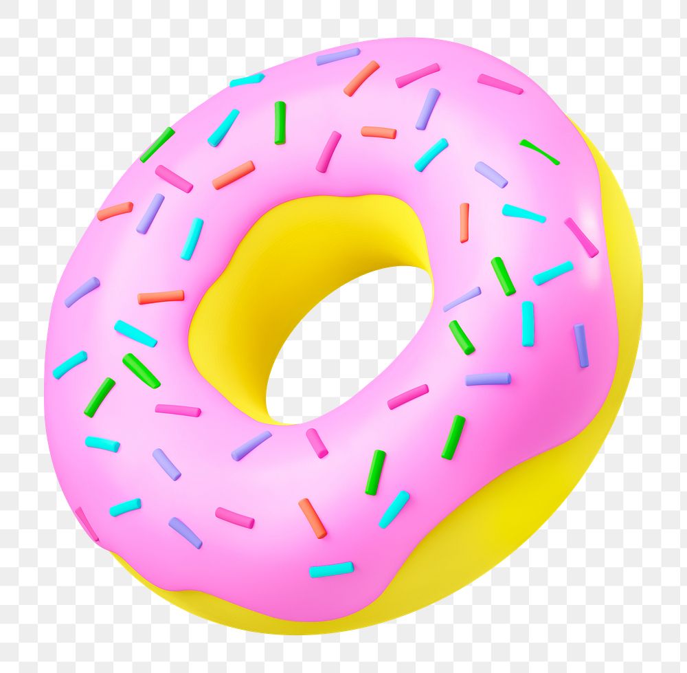 Png sprinkled donut sticker, 3D rendering, transparent background