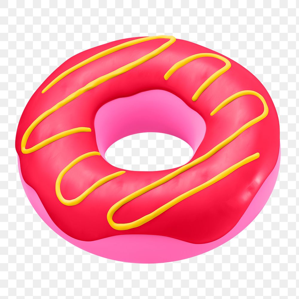 Png pink donut sticker, 3D rendering, transparent background