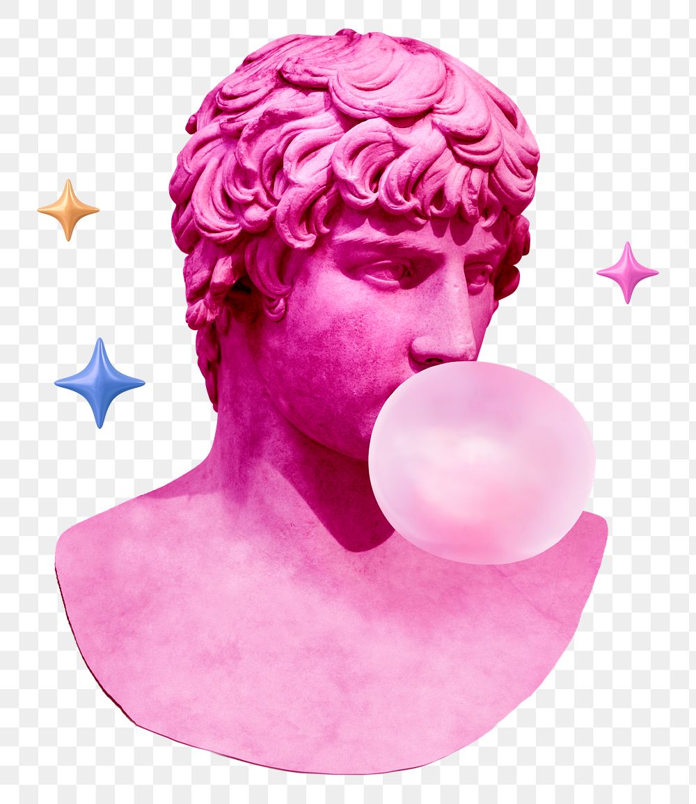 Png sculpture blowing bubble gum sticker, transparent background