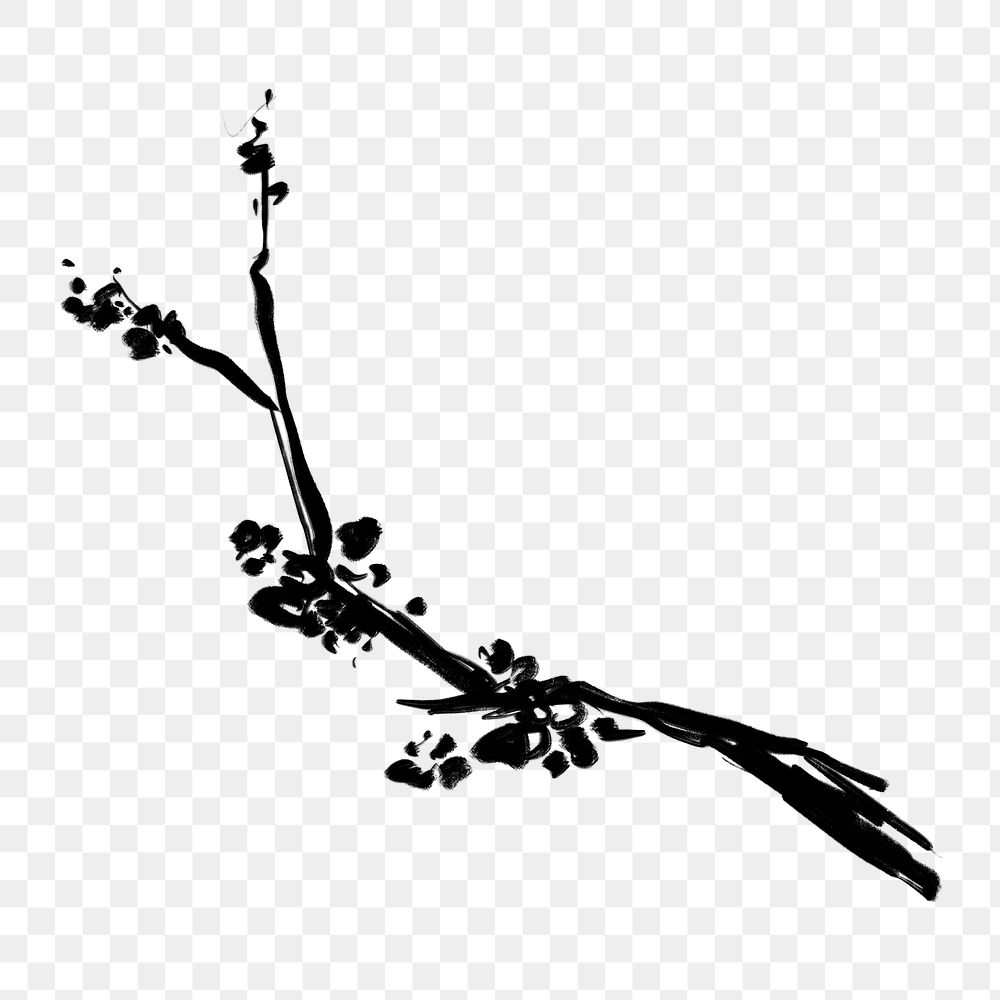 Png silhouette tree branch sticker, ink brush botanical transparent background