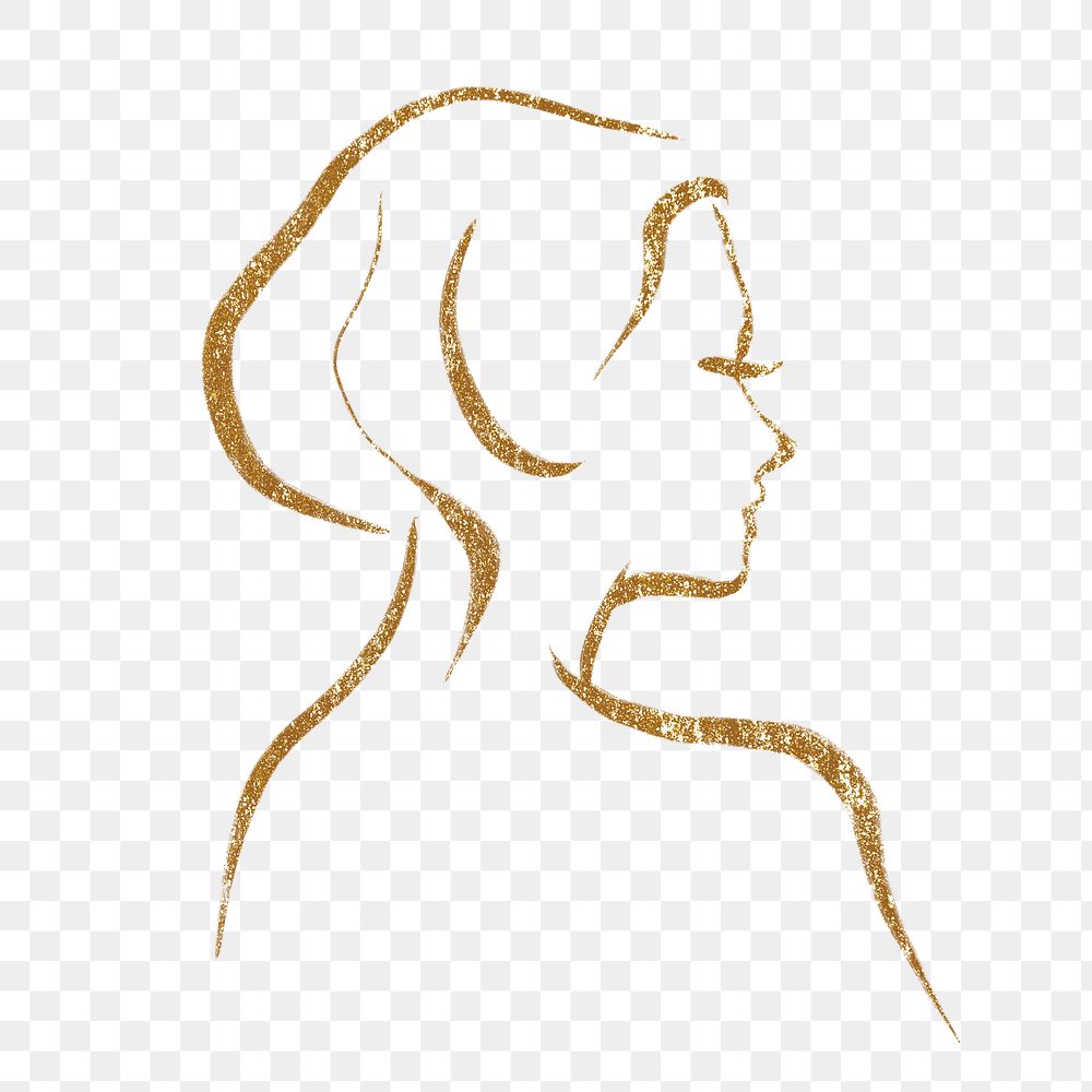 Aesthetic woman png sticker, gold drawing illustration, transparent background