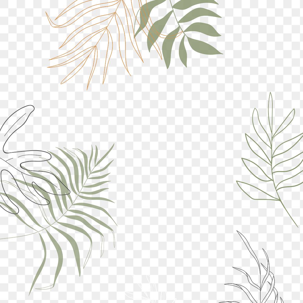 Tropical leaves png frame sticker, line art, transparent background