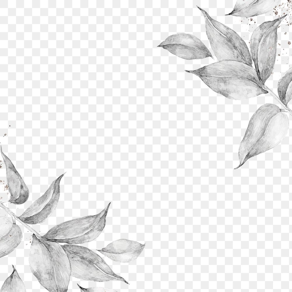 Gray leaf png border, watercolor design, transparent background