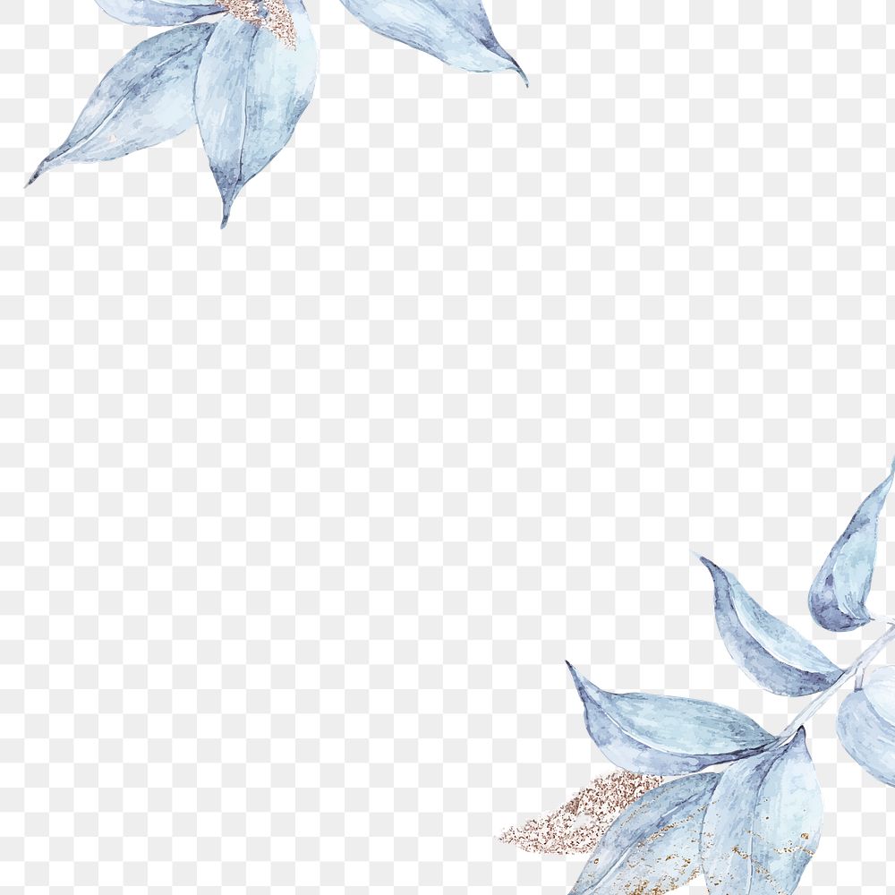 Blue leaf png border, watercolor design, transparent background
