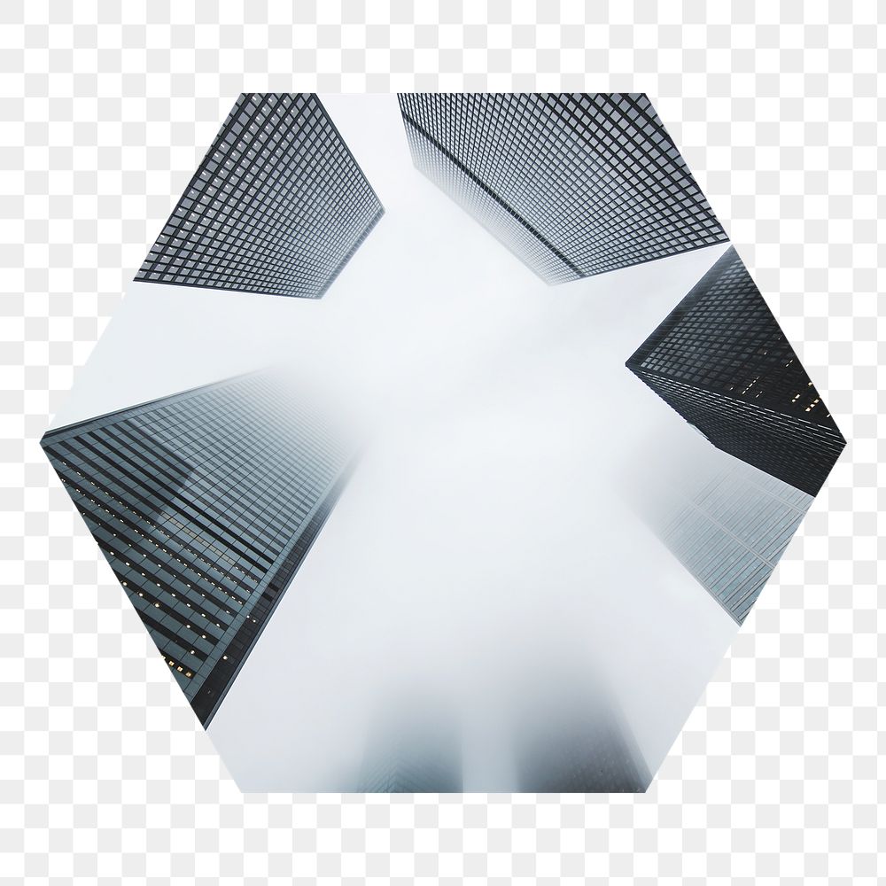 Png skyscraper office buildings badge sticker, architecture photo in hexagon shape, transparent background