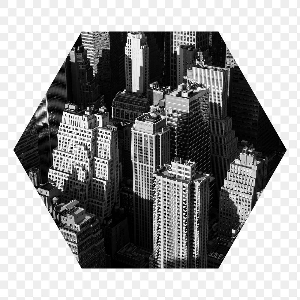 Grayscale buildings png badge sticker, city photo in hexagon shape, transparent background